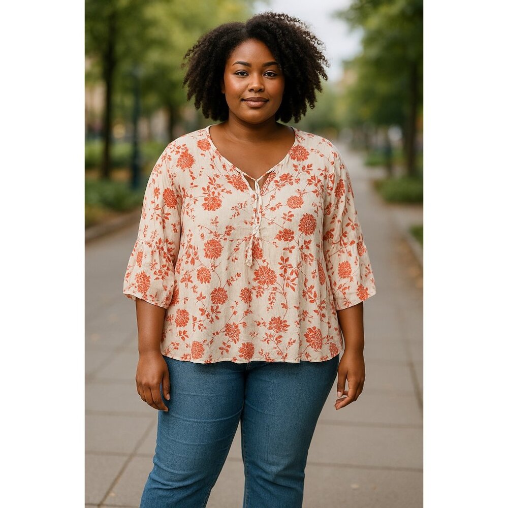 Papermoon Womens Coral Floral Boho 3/4 Sleeve Blouse Top Plus Size 2X